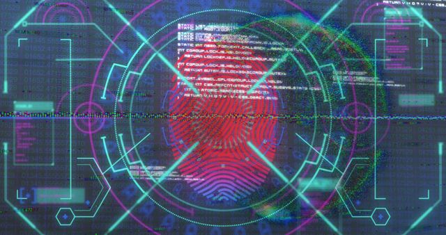 Depicts a high-tech digital interface featuring a fingerprint scan and streams of code, set against a backdrop of holographic visuals. Ideal for illustrating concepts of cybersecurity, digital identification, advanced technology, data protection, and virtual environments in articles, presentations, and tech-related materials.