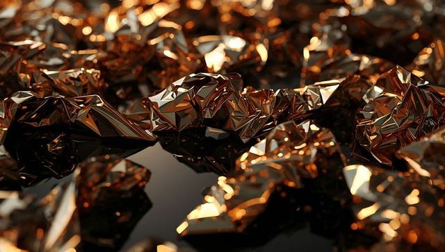 Shimmering gold foil crumples on glossy surface