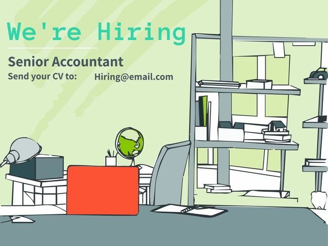 Seeking an experienced Senior Accountant for a dynamic company. Great for job postings on websites, social media promotions for job hiring, or career page banners. Perfect for highlighting organizational roles and growth opportunities in the accounting field.