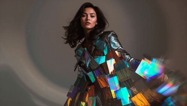 Model wearing iridescent mirror-panel coat reflecting holographic color streaks