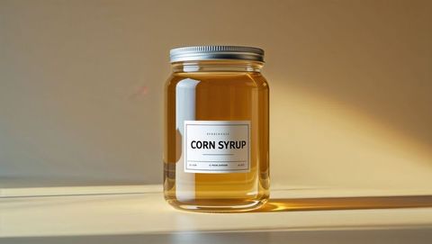 Clear glass jar of corn syrup on table with vintage labeling
