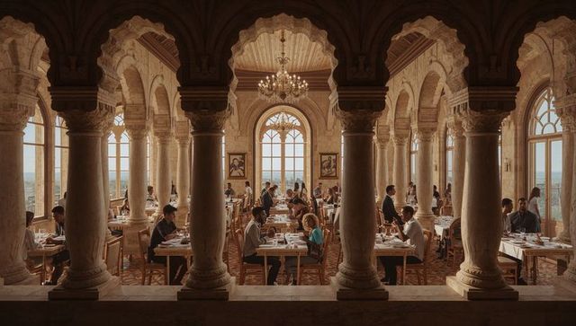 Opulent palatial dining hall with arched columns and chandeliers, fine dining ambience