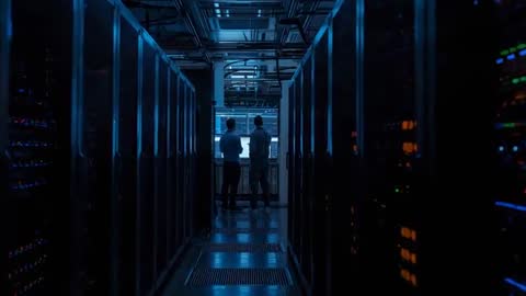 Two IT technicians are walking towards a console in a dimly lit data center, closely monitoring the glowing indicator lights on the server racks. This content can be used to show concepts of modern technology, IT infrastructure, and cybersecurity processes. Perfect for illustrating network management or tech industry for blogs, presentations, or articles focusing on IT operations or advancements in data security.