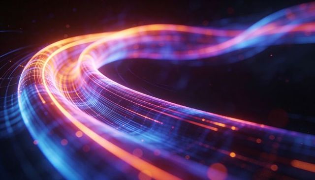 Neon data stream flowing through dark space glowing curved light trails futuristic tech