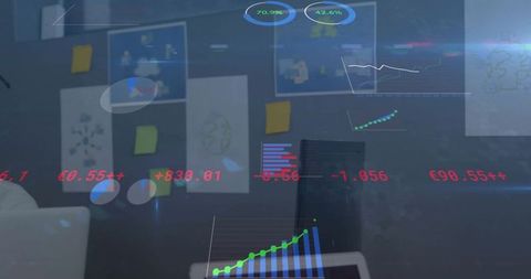 Futuristic Holographic Data Visualization Overlay in Conference Room with Sticky Notes