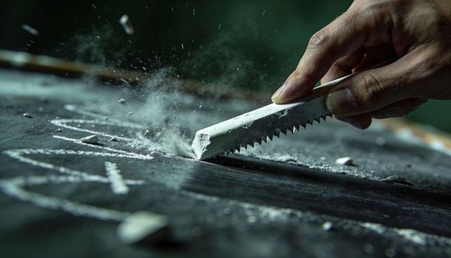Close-up hand scraping serrated chalk across chalkboard creating dust cloud and texture