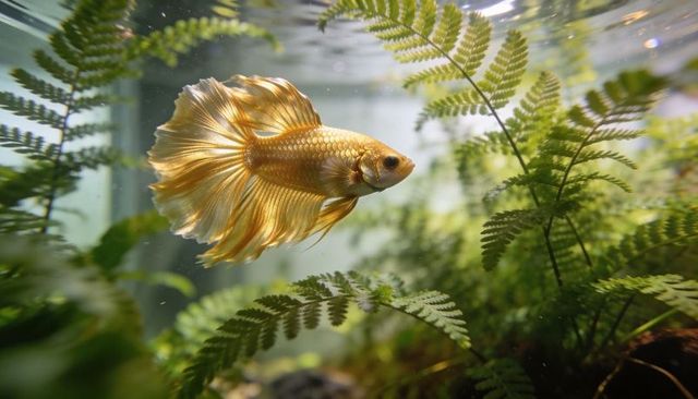 Golden betta gliding through planted aquarium with flowing fins and fern foliage, macro
