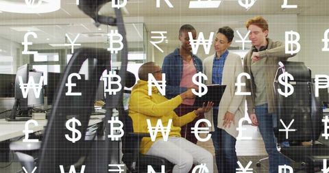 Team Collaborating over Laptop in Modern Fintech Office with Currency Symbols Overlay