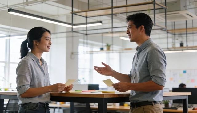 Two coworkers discussing project with note cards at modern open-plan office
