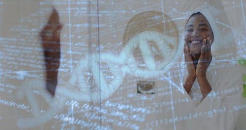 Woman Embracing Skincare Science with DNA Overlay