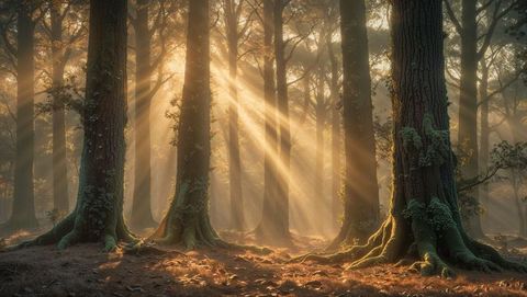 Serene Sunlit Forest With Moss-Covered Trees