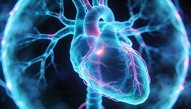 Glowing 3D Heart with Neon Coronary Vessels and Translucent Vascular Network