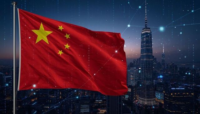 Chinese Flag Floating Over Modern Metropolis with Digital Connectivity Elements