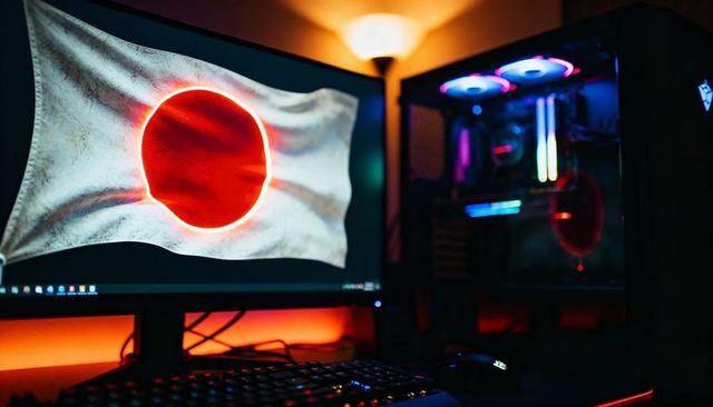 Displaying glowing japanese flag on gaming monitor with rgb pc and moody neon workspace