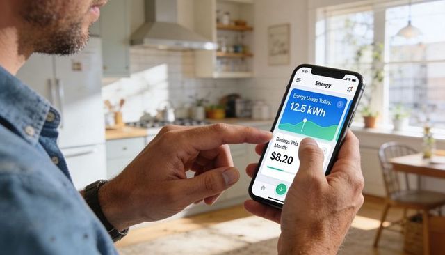 Man Checking Energy App on Smartphone in Sunlit Kitchen Tracking Daily Usage and Savings