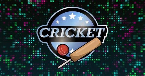 Cricket emblem on neon pixel matrix, bold cricket lettering with bat and ball logo