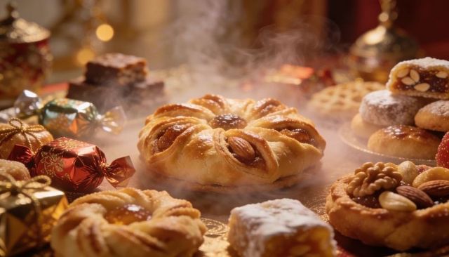 Steaming almond flower tarts with festive foil candies and nut tarts on golden table