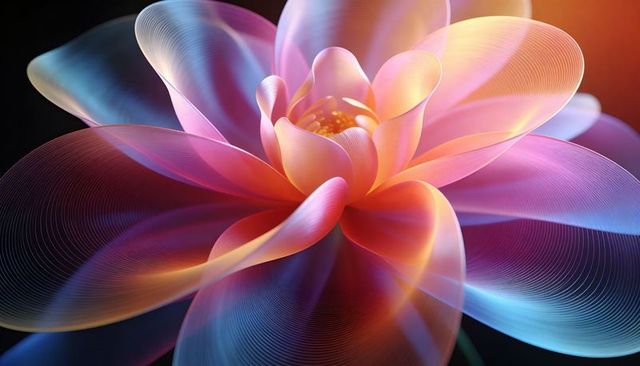 Glowing translucent abstract flower with layered petals and radiant luminous core