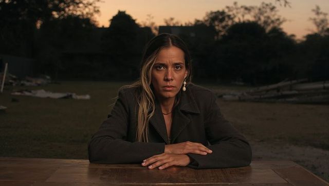 Woman sitting at wooden table in yard at dusk leaning contemplating twilight solitude