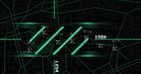 Displaying glowing teal hud bars over digital city grid with tactical readouts and target data