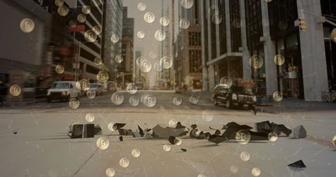 Crumbling Dollar Symbol with Floating Bitcoins in Urban Cityscape