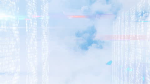 Futuristic Digital Data Clouds with Light Trails in Sky