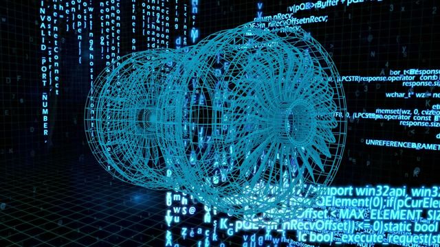 This blue-themed digital representation showcases a 3D wireframe model of a turbine set within a dynamic data matrix background. The juxtaposition of mechanical design with floating code elements highlights the intersection of engineering and information technology. This graphic can be used in presentations on smart manufacturing, technology innovations, or as an educational tool for engineering and computer science curriculums.