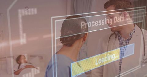 Medical team discussing patient data with futuristic loading and processing digital overlay