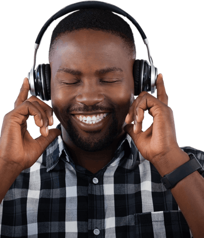 Transparent Joyful Man in Plaid Shirt Enjoying Music with Headphones - Download Free Stock Videos Pikwizard.com