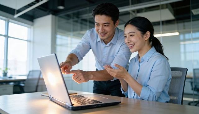 Asian colleagues collaborating at laptop in modern open-plan office, pointing and smiling