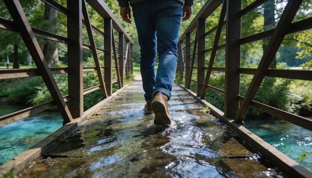Walking across sunlit creek bridge splashing through puddles in denim and boots outdoor stroll