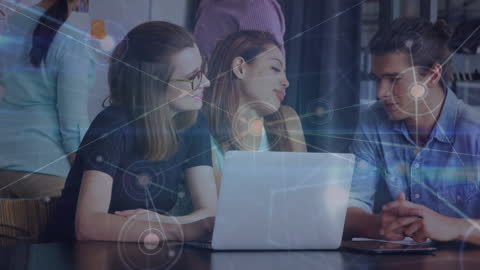 Young Professionals Collaborating with Digital Network Overlay