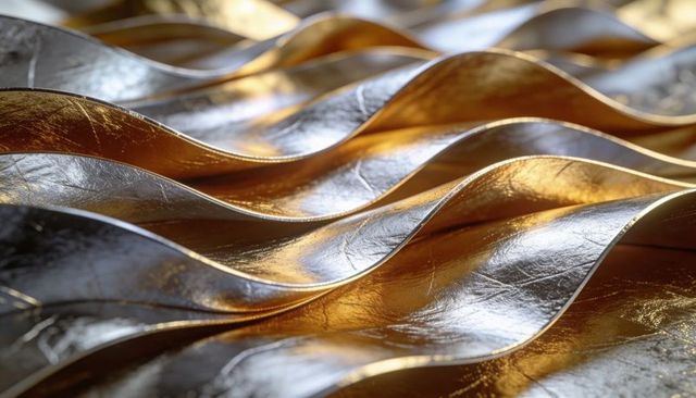 Glinting gold and bronze metallic ribbons undulating with scratched patina abstract texture