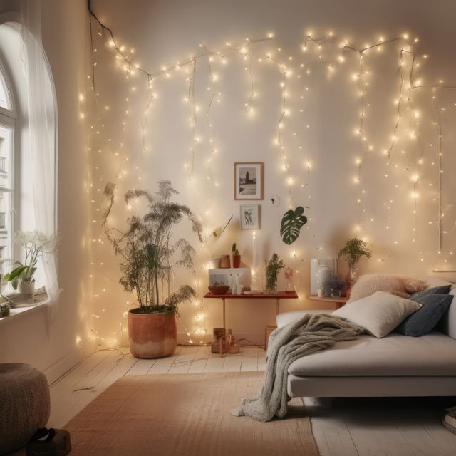 Living room decorated with strings of fairy lights, created using generative ai technology - Download Free Stock Photos Pikwizard.com
