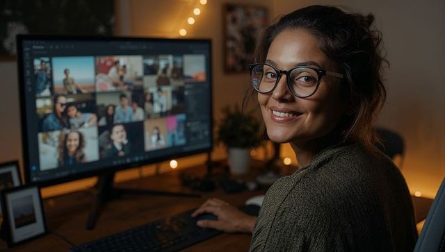 Smiling woman wearing glasses working late on virtual meeting in cozy home office