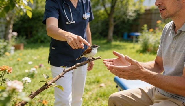 Guiding client cupping hands toward songbird perched on branch in outdoor nature therapy