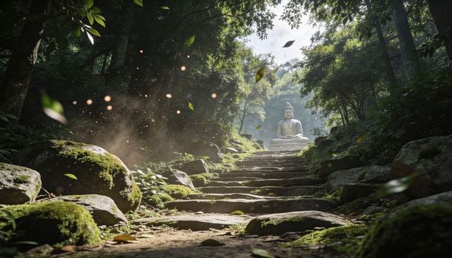 Sunlit forest shrine: stone buddha meditating above moss-covered steps, serene trail