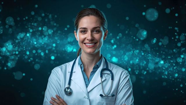 Smiling female physician in lab coat with stethoscope and teal bokeh background