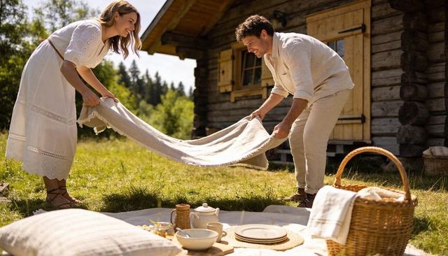 Couple spreading picnic blanket by rustic log cabin on sunlit meadow