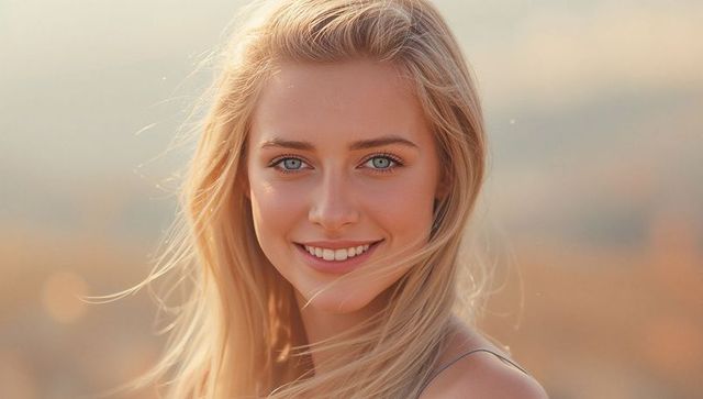 Smiling Blonde Woman in Golden Sunset Field Enduring Natural Essence