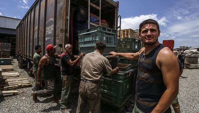 Muscular worker loading green crates from freight railcar in outdoor warehouse yard