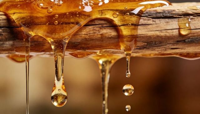 Golden resin dripping from weathered wood macro with glossy bubbles and sap details