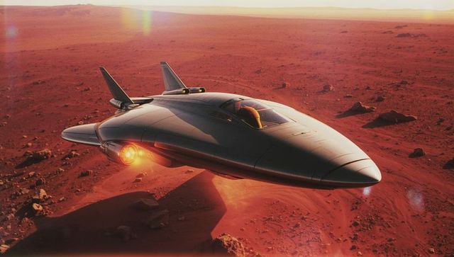 Sleek Martian Scout Hovering Over Red Plain with Pilot in Cockpit and Glowing Engines