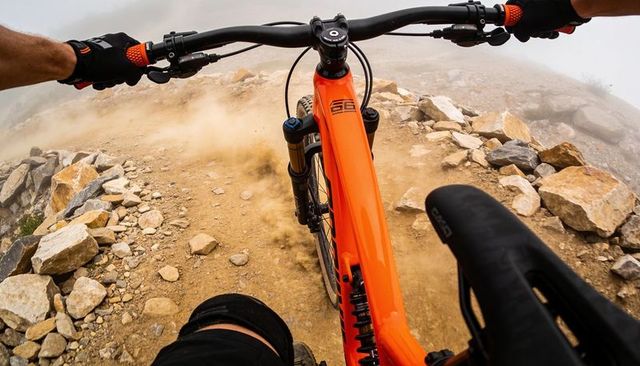 Descending rocky mountain trail from pov on orange downhill bike capturing speed and dust