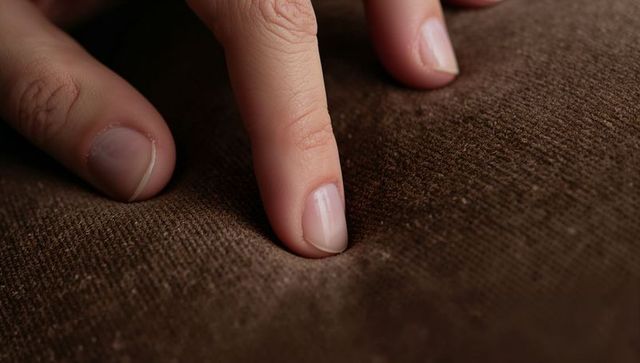 Finger pressing velvet sofa cushion closeup showing plush upholstery texture detail