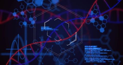 Futuristic holographic dna double helix hud showing neon genome data visualization