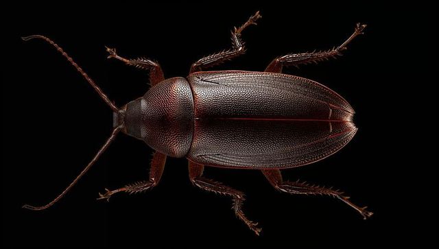 Macro close-up of dark brown longhorn beetle on black background