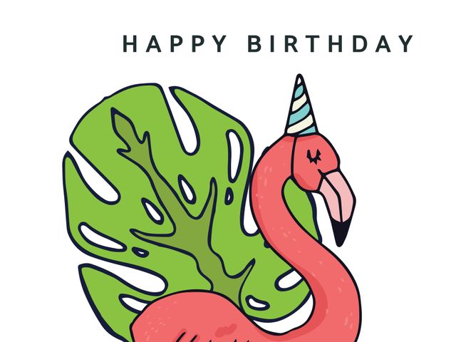 Perfect for birthday cards and invitations, this illustration captures a playful flamingo wearing a party hat. It radiates joy and festivity, making it ideal for celebrating special occasions with a tropical theme.