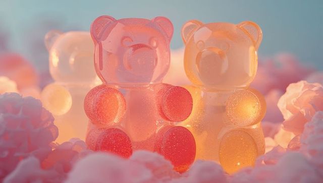 Glowing translucent gummy bears touching on pink cotton candy backlit pastel still life