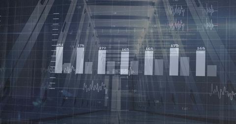 Transparent data visualization overlaying modern glass corridor with analytic bar charts